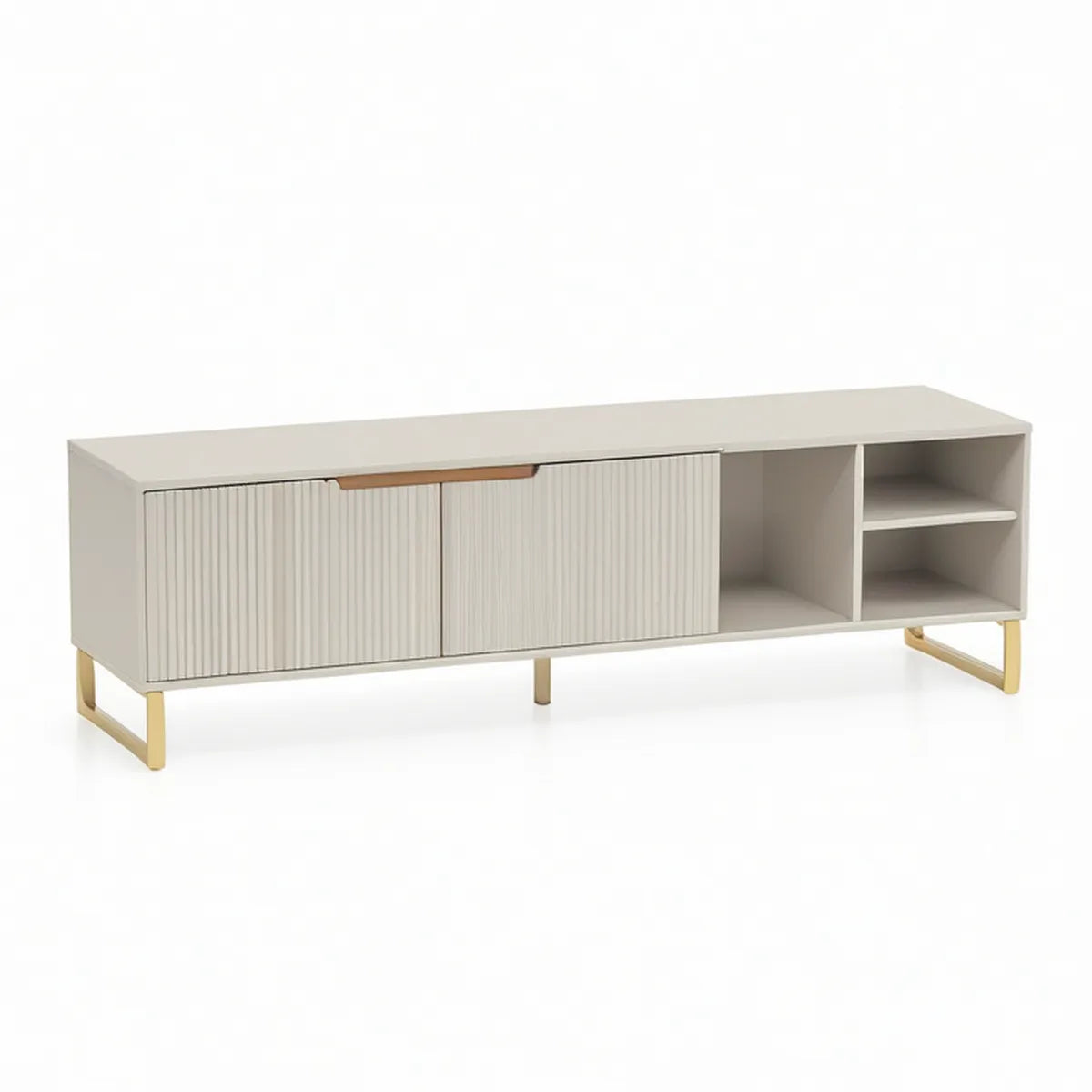 Rechteckiges Lowboard aus MDF und Spanplatte in Cremeweiss mit naturfarbenen Griffen und goldfarbenem Stahlgestell, 160 x 40 x 55 cm