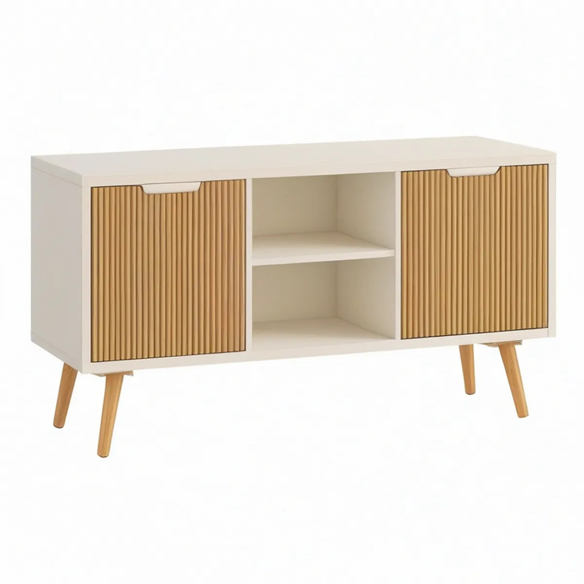 TV-Lowboard mit 2 geriffelten Schiebetüren und offenen Fächern, 120 x 40 x 75 cm, Creme/Natur