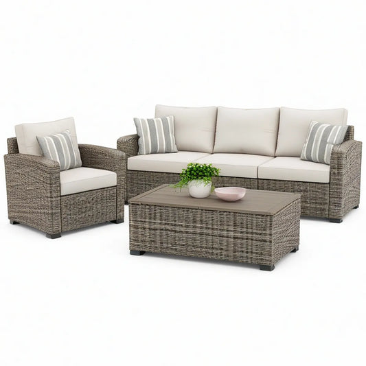 Gartenlounge-Set mit 3-Sitzer-Sofa, Sessel und Couchtisch, 220 × 85 × 85 cm, Graubraun/Creme