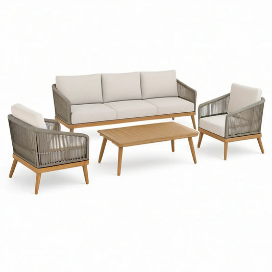 4-teiliges Garten-Loungeset aus Akazien-Massivholz mit grauer Seilbespannung und cremefarbenen Polstern, Dreisitzer 205 × 80 × 78 cm, Sessel 78 × 80 × 78 cm, Tisch 120 × 60 × 45 cm