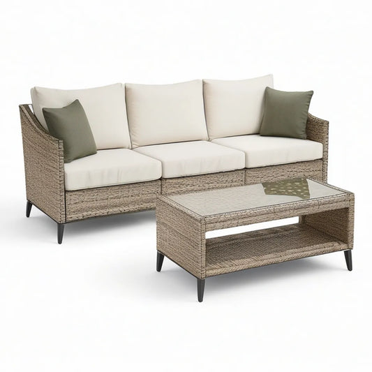 2-teiliges Gartenlounge-Set mit 3er-Sofa und Couchtisch, 200 × 80 × 75 cm, Beige/Creme/Olivgrün/Schwarz