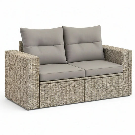 2-Sitzer-Gartensofa aus PE-Rattan in Naturgrau mit grauen Kissen, 124 × 74 × 75 cm