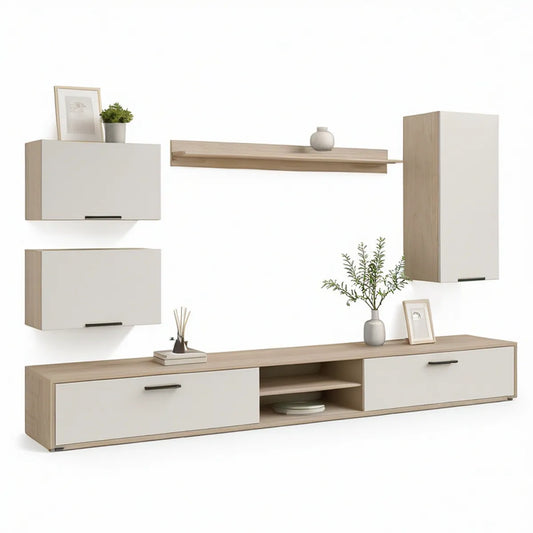 5-teilige Wohnwand mit TV-Lowboard, Eiche Natur/Weiss/Schwarz, 300 x 40 x 190 cm