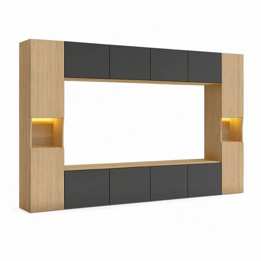 TV-Wand in Eiche Natur und Anthrazit, 300 x 40 x 200 cm, mit LED-Beleuchtung