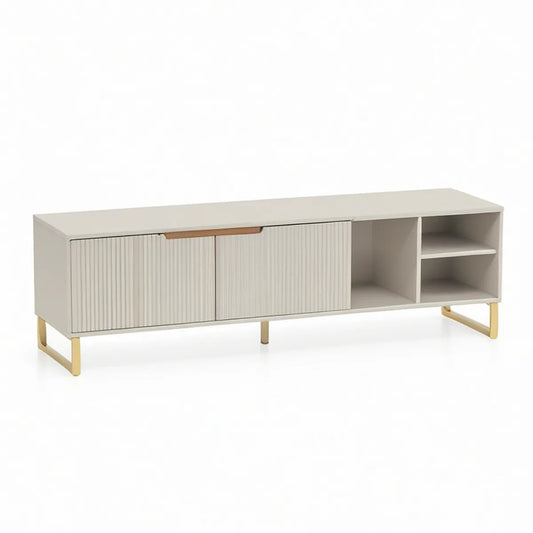 Rechteckiges Lowboard aus MDF und Spanplatte in Cremeweiss mit naturfarbenen Griffen und goldfarbenem Stahlgestell, 160 x 40 x 55 cm