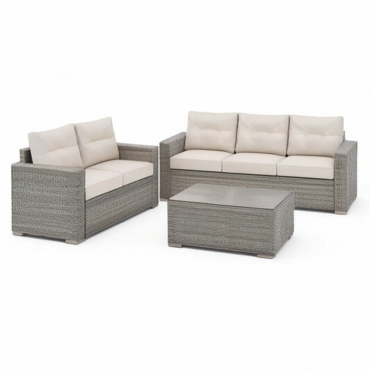 3-teiliges Gartenlounge-Set aus Polyrattan in Grau mit beigen Polyesterkissen, 3-Sitzer 190 x 70 x 75 cm, 2-Sitzer 130 x 70 x 75 cm, Tisch 110 x 60 x 45 cm