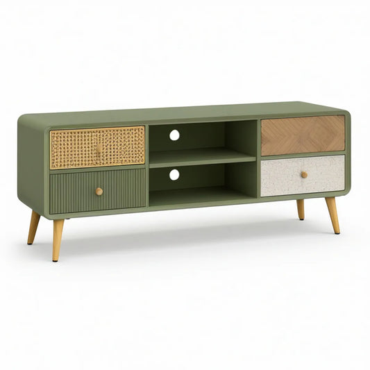 TV-Lowboard aus MDF mit Rattangeflecht und Holzfurnier, Olivgrün/Naturholz/Beige/Weiss/Grau, 140 x 40 x 55 cm