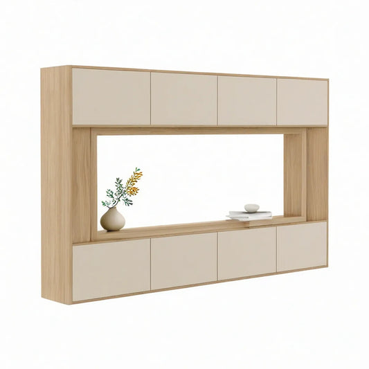 TV-Wandregal mit 8 Türen und offenem Mittelfach, 200 x 35 x 150 cm, Eiche/Beige