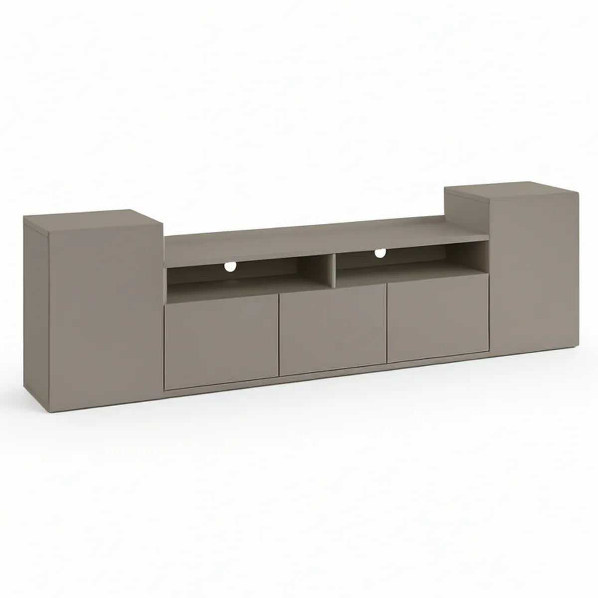 TV-Lowboard 180 x 40 x 60 cm aus MDF mit 3 Türen und 2 offenen Fächern, Taupe