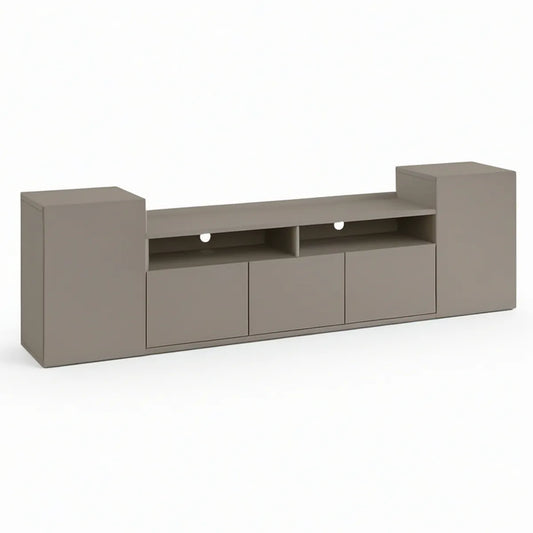 TV-Lowboard 180 x 40 x 60 cm aus MDF mit 3 Türen und 2 offenen Fächern, Taupe