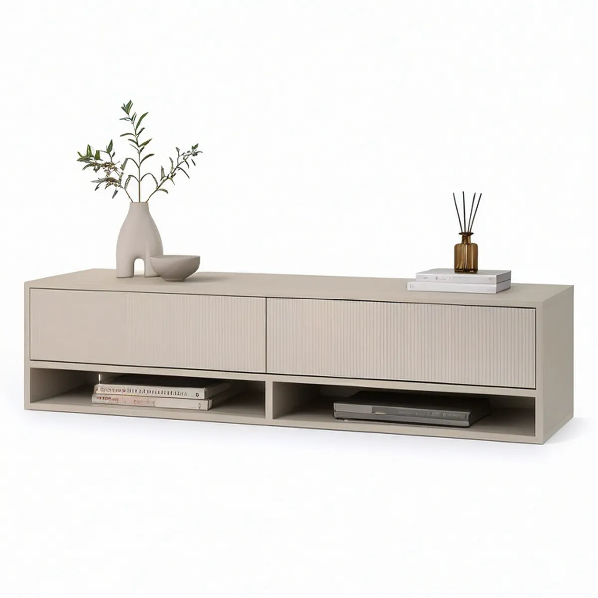 TV-Lowboard 180 x 40 x 45 cm in Greige mit 2 Schubladen und 2 offenen Fächern